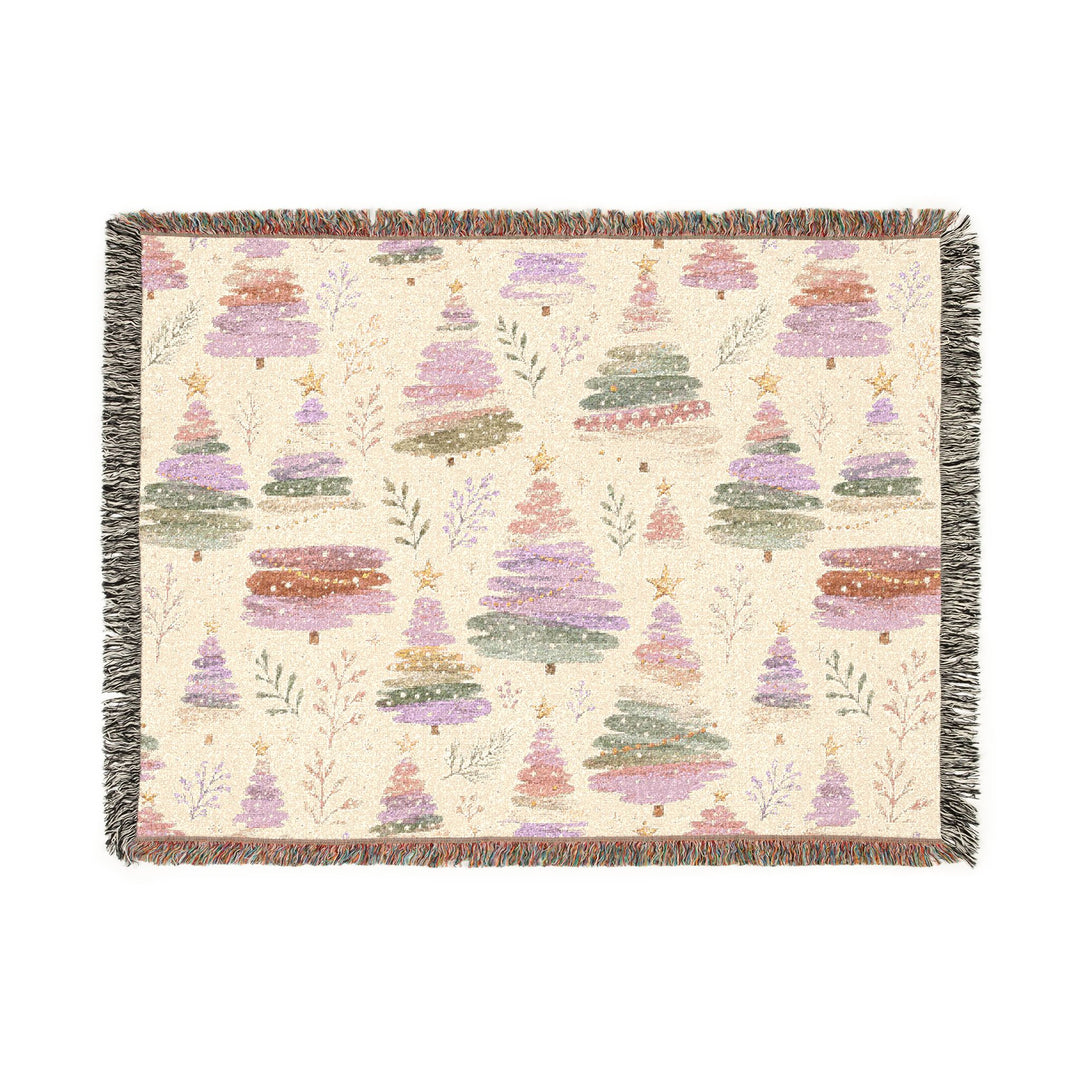 Pastel Christmas Tree Woven Blanket, Pink Lavender Sage Cotton Throw, Watercolor Holiday Sofa Decor