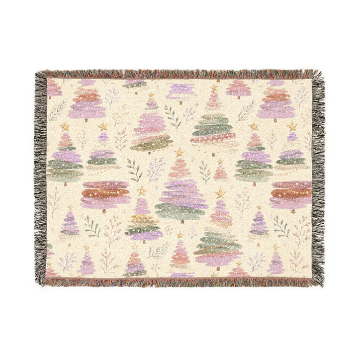 Pastel Christmas Tree Woven Blanket, Pink Lavender Sage Cotton Throw, Watercolor Holiday Sofa Decor