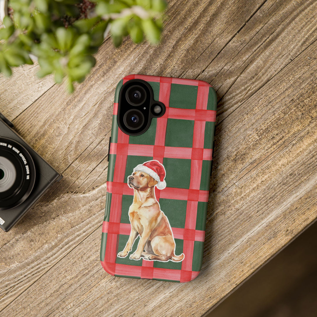 Yellow Labrador Christmas Tough iPhone Case, Red Green Plaid, Santa Dog Phone Cover