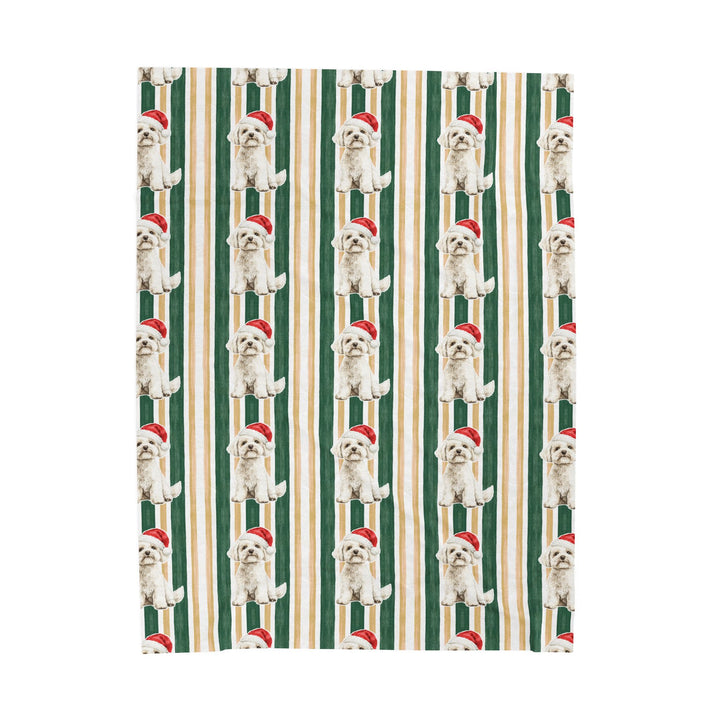 Maltese Christmas Velveteen Plush Blanket, Green Gold Stripes, Santa Dog Throw