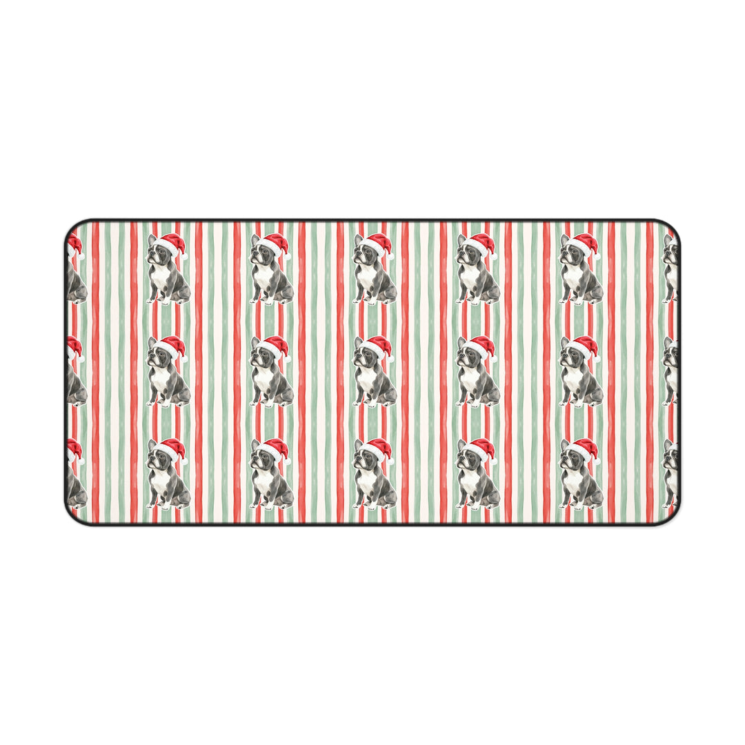 French Bulldog Christmas Desk Mat, Red Sage Stripes, Santa Dog Desk Pad