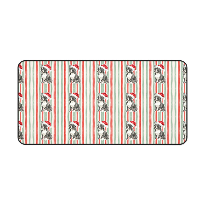 French Bulldog Christmas Desk Mat, Red Sage Stripes, Santa Dog Desk Pad
