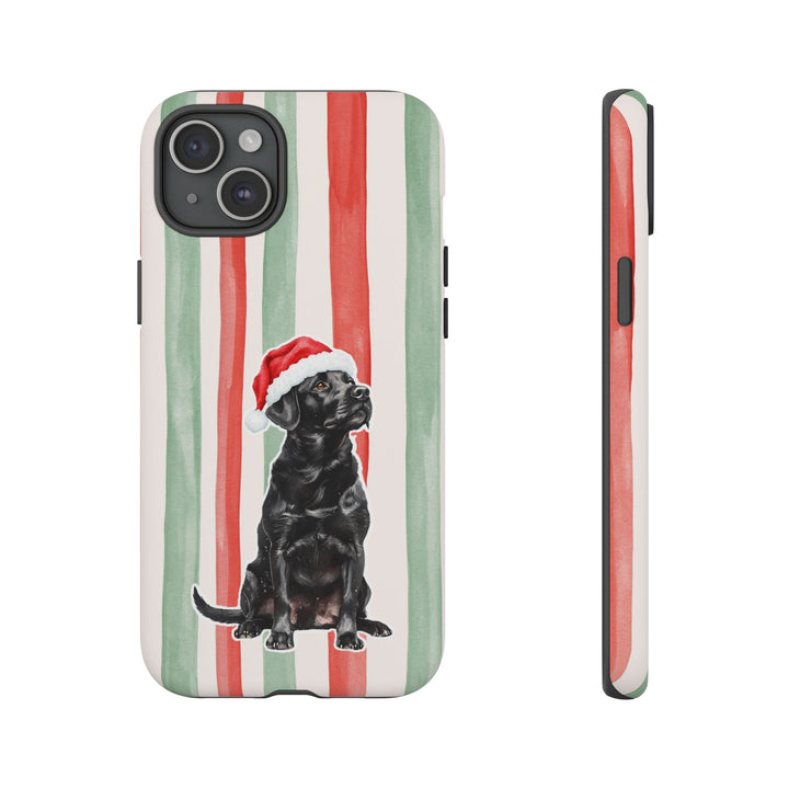 Black Labrador Christmas Tough iPhone Case, Red Sage Stripes, Santa Dog Phone Cover