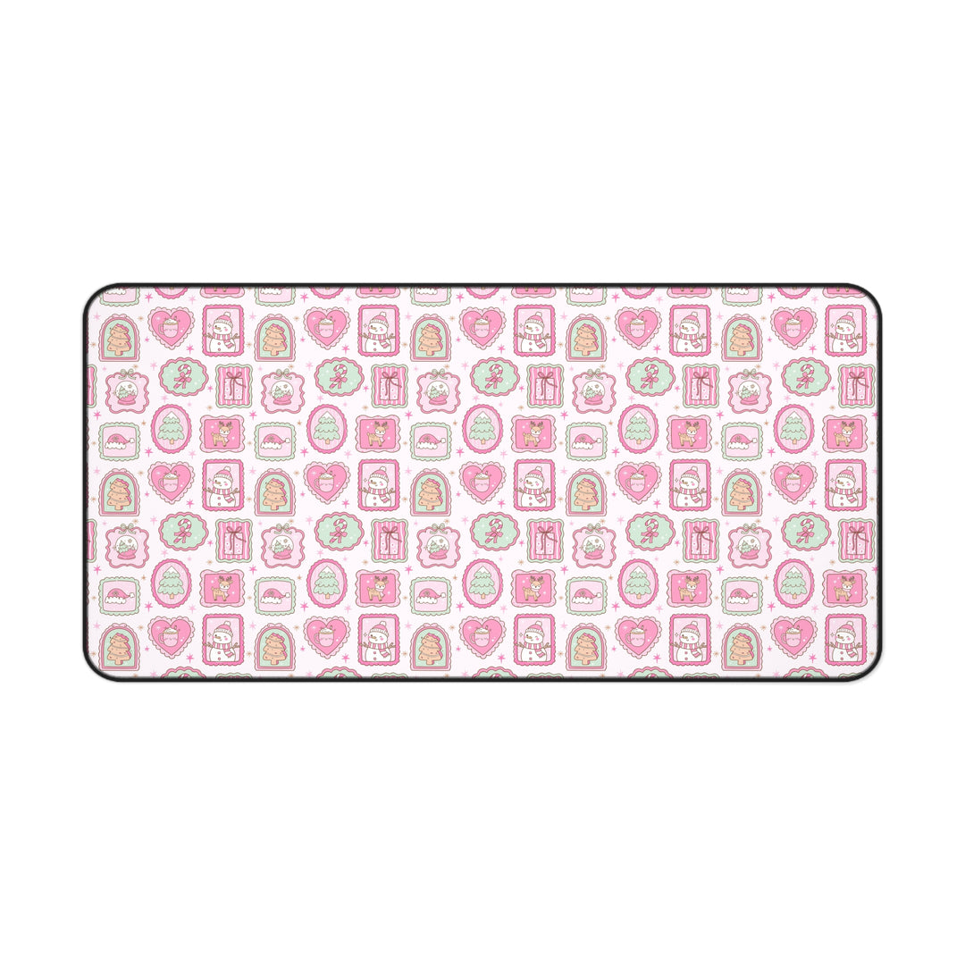 Pink Christmas Frames Desk Mat, Pastel Snowman and Reindeer Desk Pad, Cute Holiday Large Mouse Pad