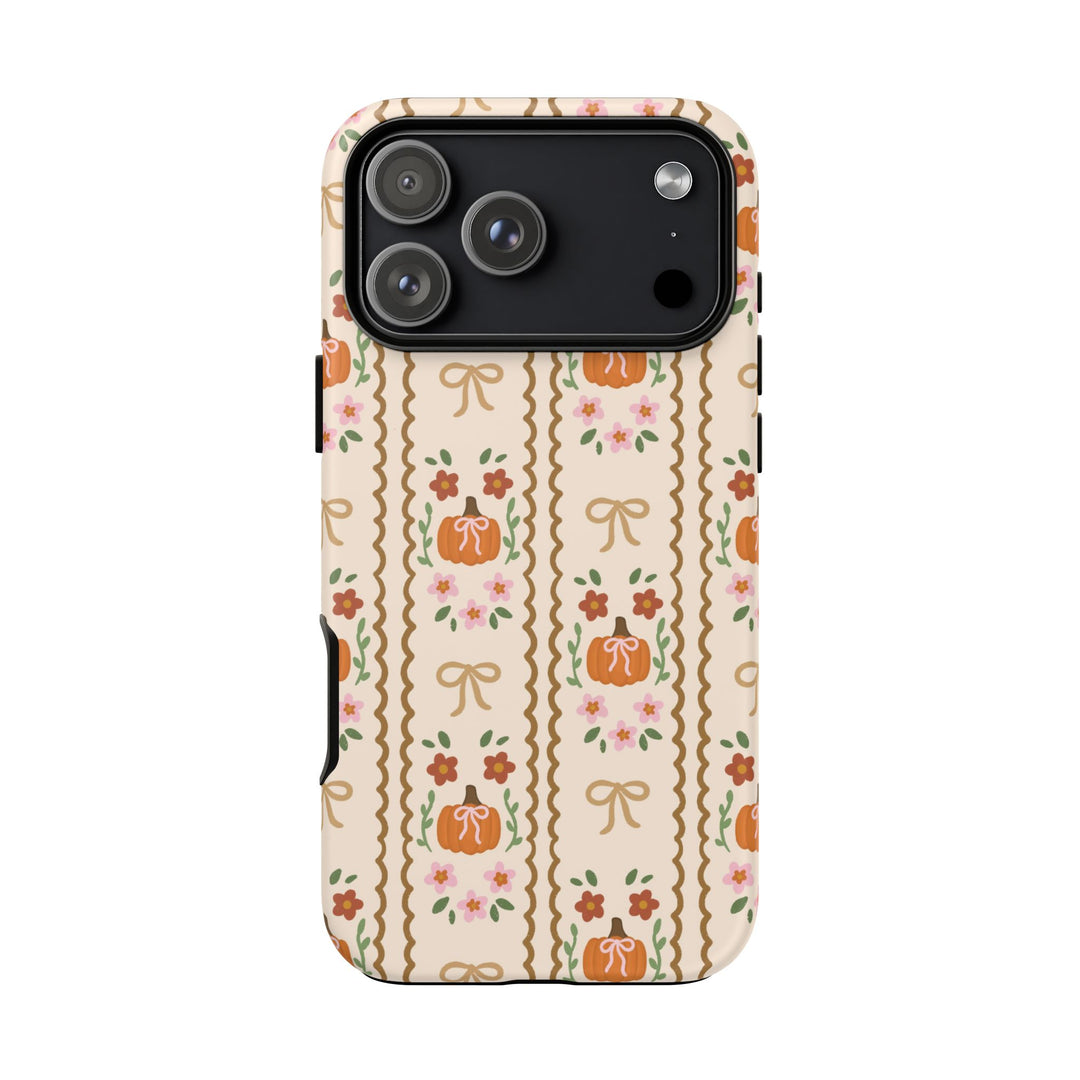 Girly Fall Pumpkin Bow Tough iPhone Case, Scalloped Floral Autumn Phone Cover, Matte or Glossy