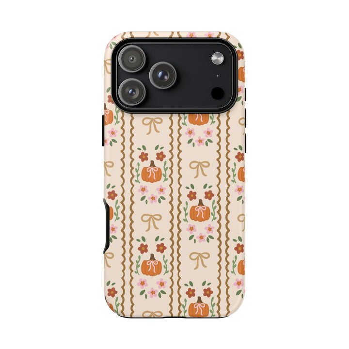 Girly Fall Pumpkin Bow Tough iPhone Case, Scalloped Floral Autumn Phone Cover, Matte or Glossy