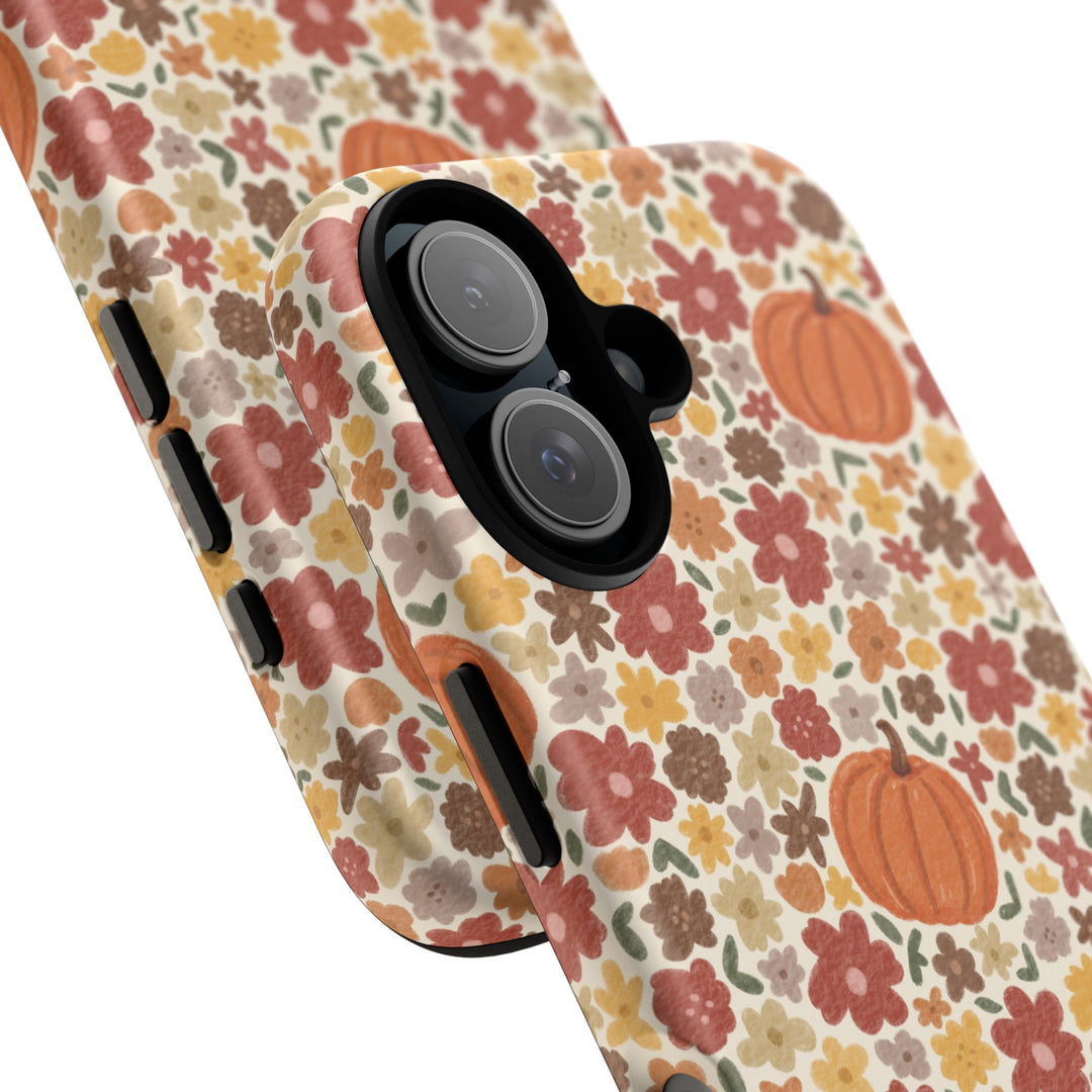 Floral Pumpkin Tough iPhone Case, Warm Autumn Flowers Fall Phone Cover, Matte or Glossy