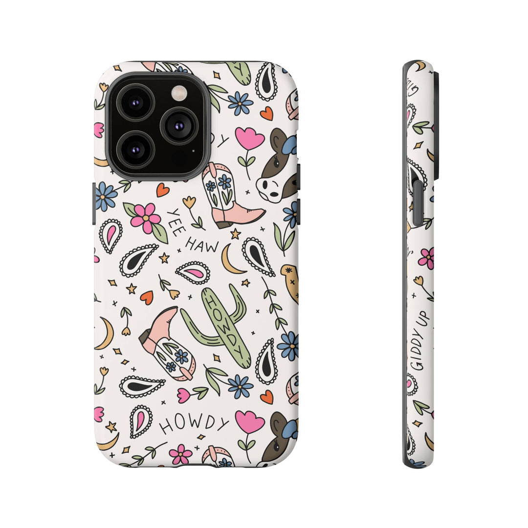 Western Cowgirl Tough iPhone Case, Pink Cowboy Boots and Howdy Phone Cover, Matte or Glossy