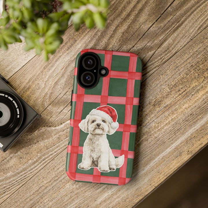 Maltese Christmas Tough iPhone Case, Red Green Plaid, Santa Dog Phone Cover
