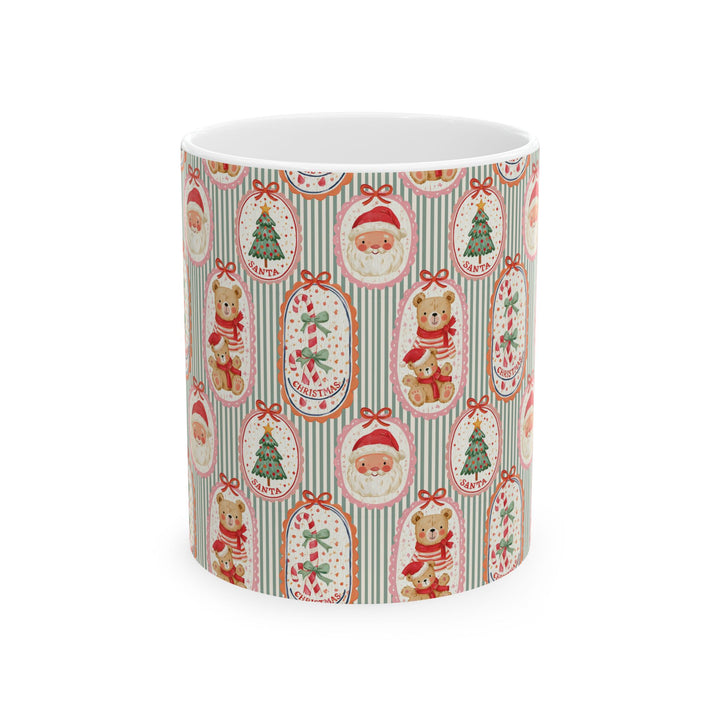 Santa Teddy Bear Ceramic Mug, Vintage Christmas Coffee Cup, Candy Cane Holiday Gift, 11oz and 15oz