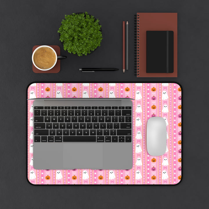 Pink Ghost Stripe Desk Mat, Cute Halloween Pumpkin and Bow Desk Pad, Spooky Large Mouse Pad
