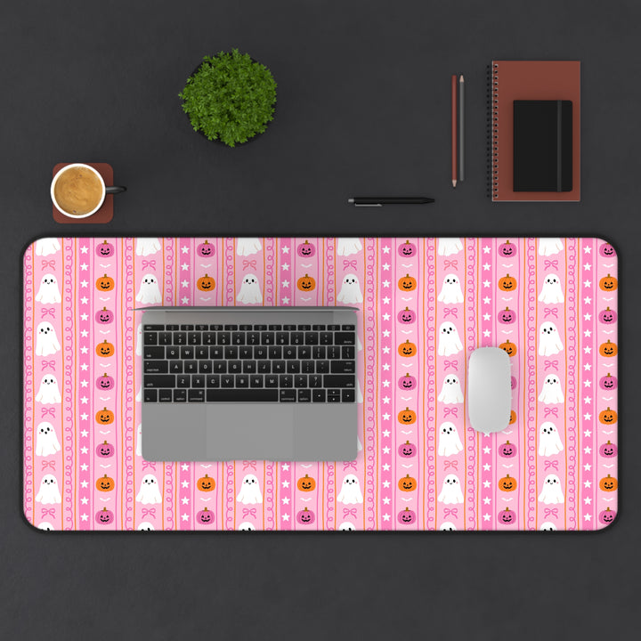 Pink Ghost Stripe Desk Mat, Cute Halloween Pumpkin and Bow Desk Pad, Spooky Large Mouse Pad