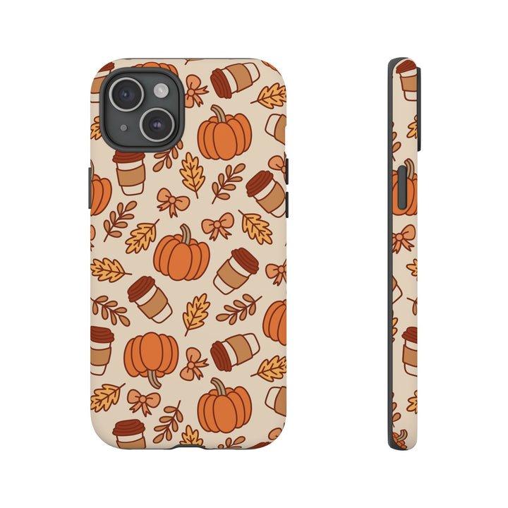 Pumpkin Coffee Tough iPhone Case, Fall Leaves and Bows Autumn Phone Cover, Matte or Glossy