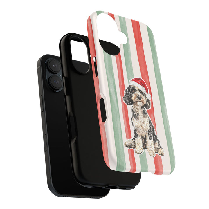 Doodle Christmas Tough iPhone Case, Red Sage Stripes, Santa Dog Phone Cover