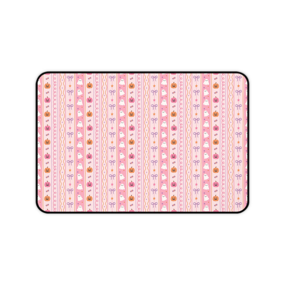 Pastel Halloween Stripe Desk Mat, Pink Ghost Pumpkin Candy and Bow Desk Pad, Cute Spooky Large Mouse Pad