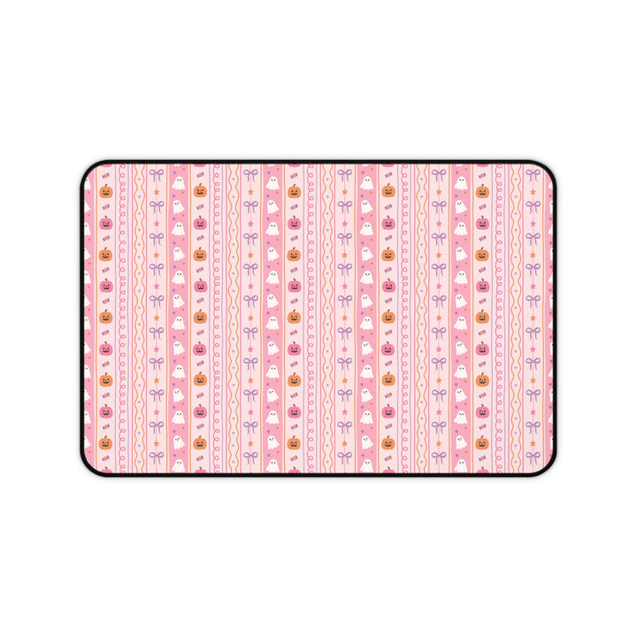Pastel Halloween Stripe Desk Mat, Pink Ghost Pumpkin Candy and Bow Desk Pad, Cute Spooky Large Mouse Pad