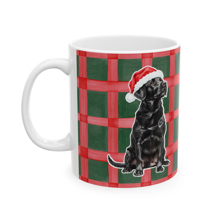 Black Labrador Christmas Mug, Red Green Plaid, 11oz White Ceramic