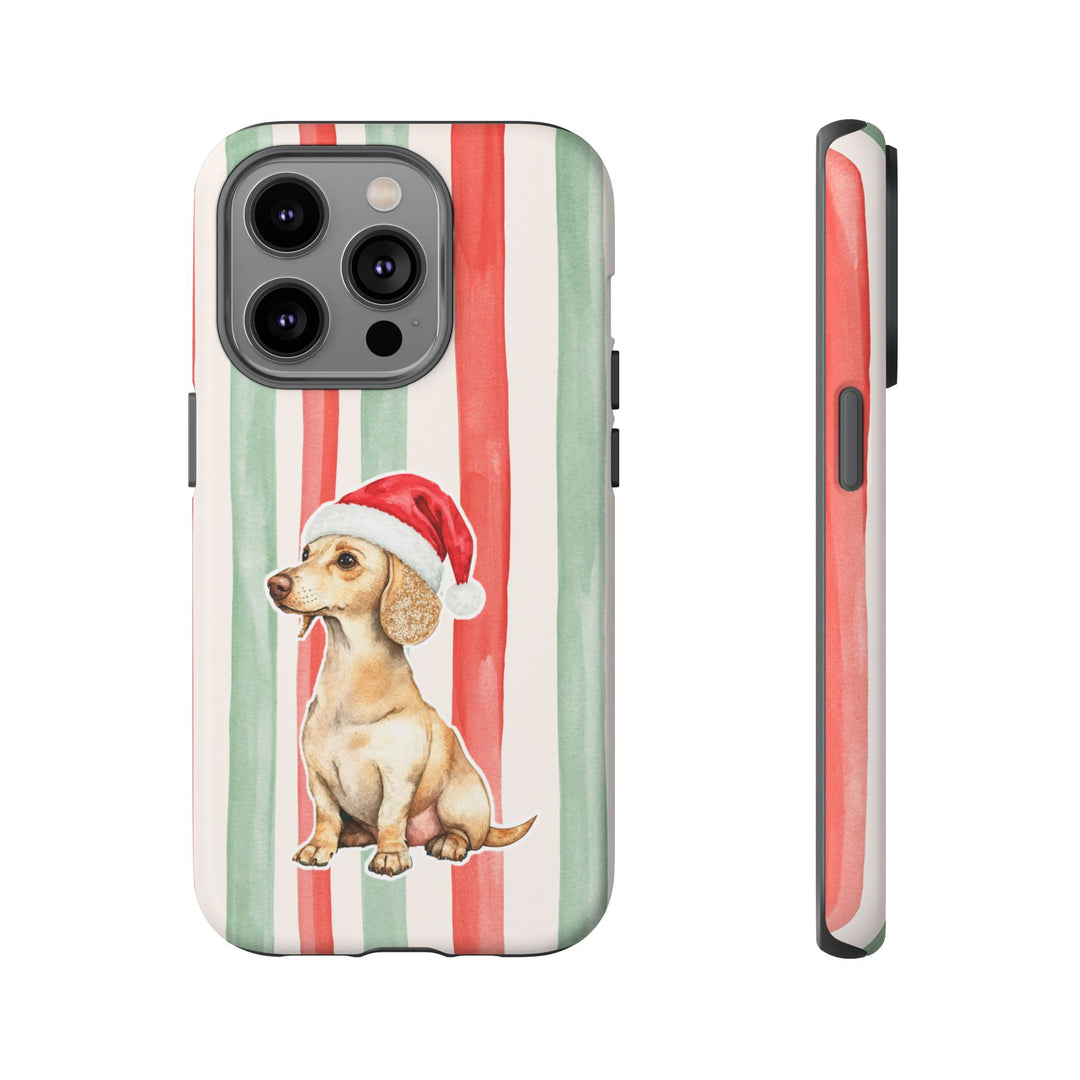 Dachshund Christmas Tough iPhone Case, Red Sage Stripes, Santa Dog Phone Cover