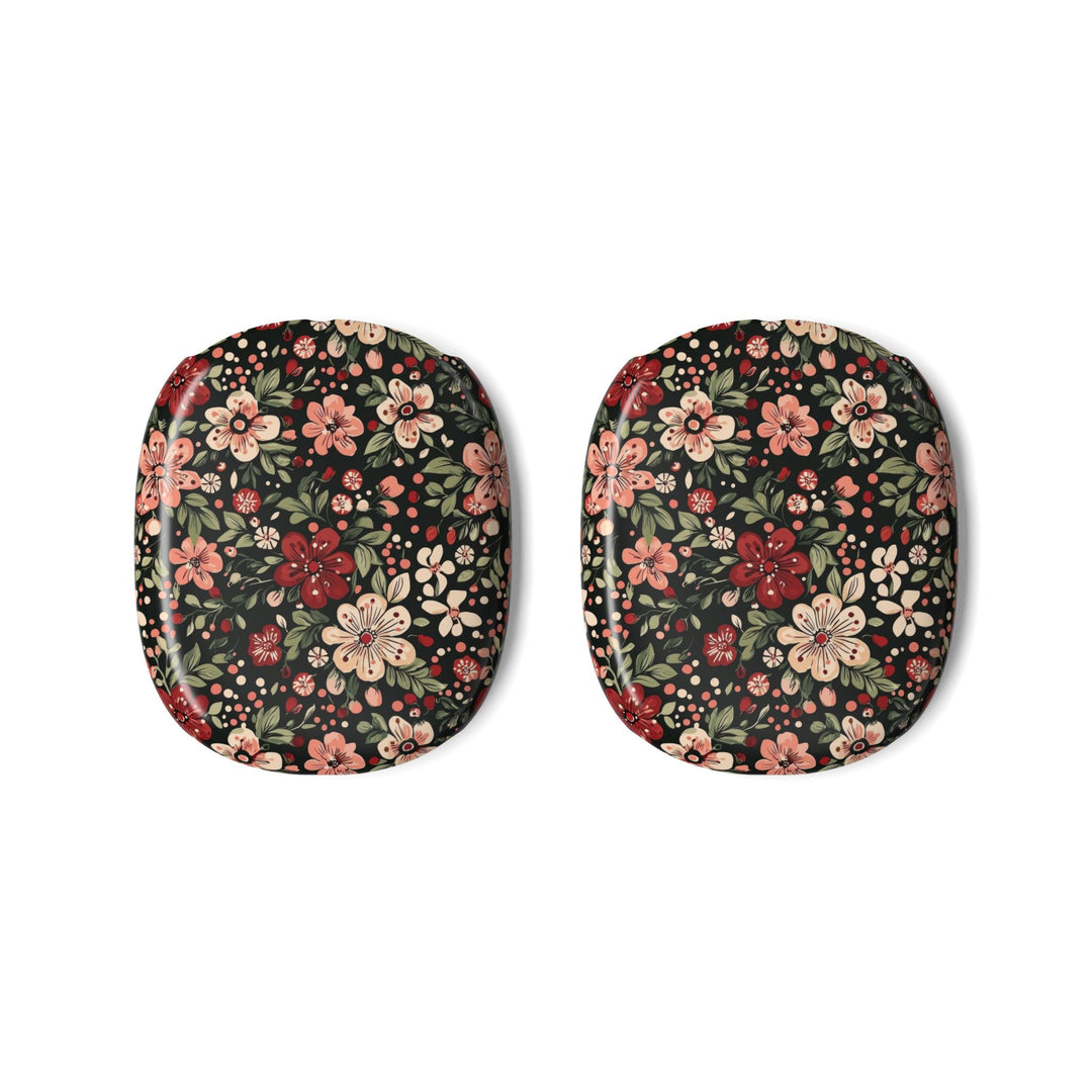 Retro Christmas Floral AirPods Max Case Covers, Dark Botanical Ear Cup Shells, Pink Red Flowers, Matte or Glossy