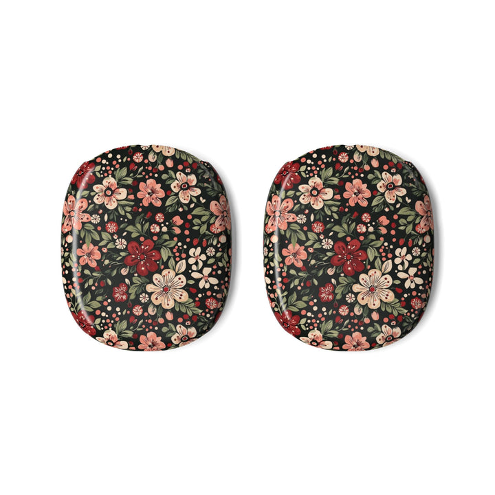 Retro Christmas Floral AirPods Max Case Covers, Dark Botanical Ear Cup Shells, Pink Red Flowers, Matte or Glossy