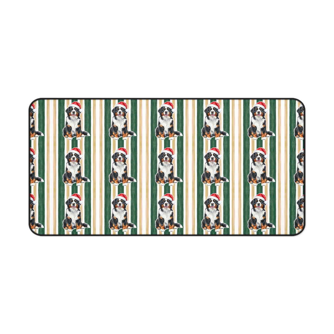 Bernese Mountain Dog Christmas Desk Mat, Green Gold Stripes, Santa Dog Desk Pad