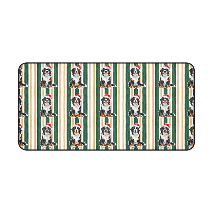 Bernese Mountain Dog Christmas Desk Mat, Green Gold Stripes, Santa Dog Desk Pad