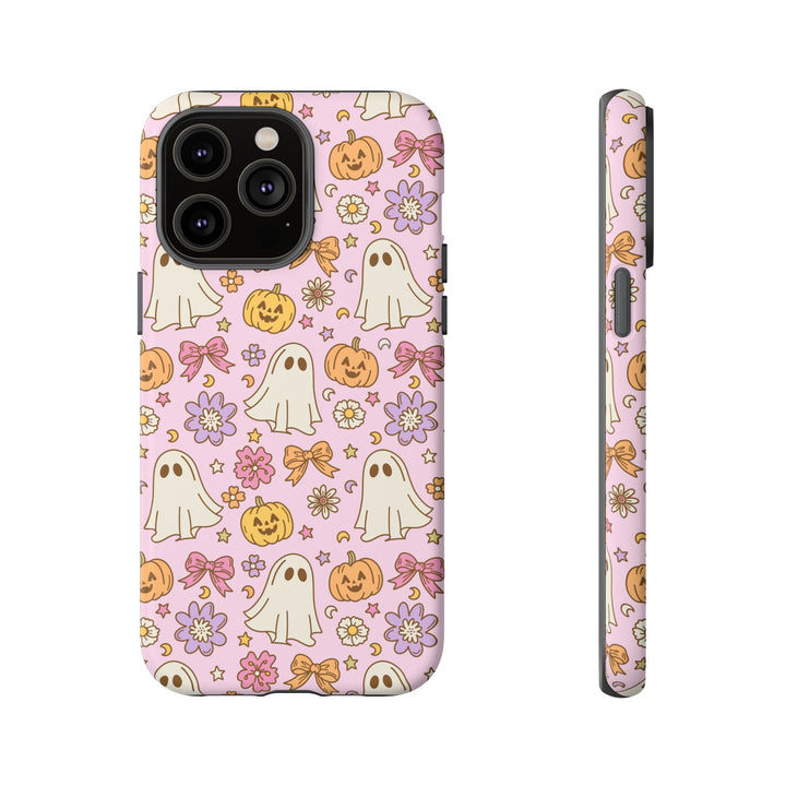 Vintage Ghost Floral Tough iPhone Case, Pink Halloween Pumpkin Bow Phone Cover, Matte or Glossy