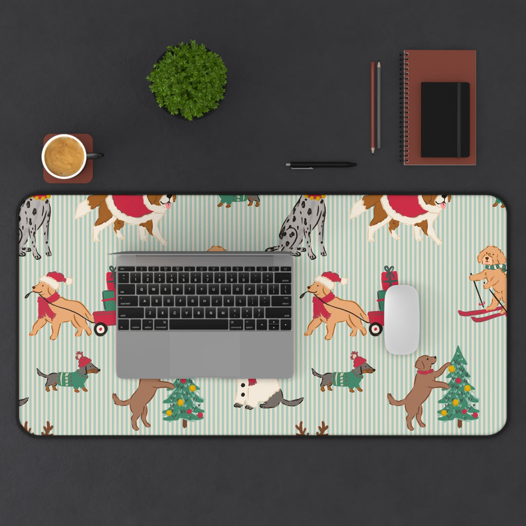 Christmas Dogs Desk Mat, Green Stripe Holiday Dog Desk Pad, Festive Office Decor