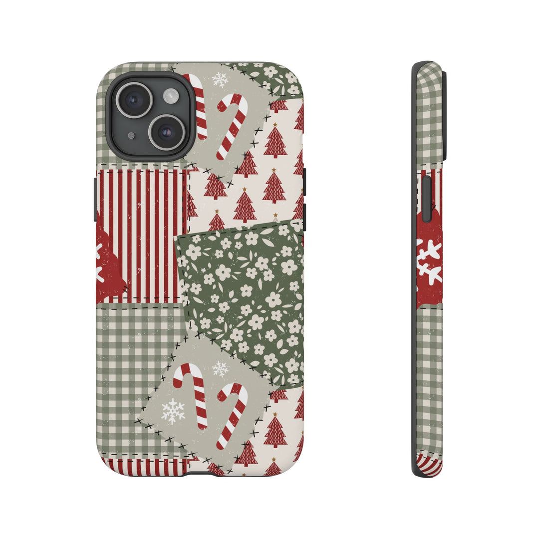 Christmas Patchwork Tough iPhone Case, Red Sage Floral Gingham Holiday Phone Cover, Matte or Glossy