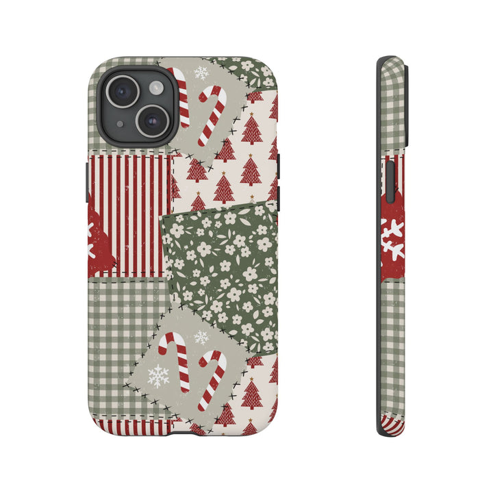 Christmas Patchwork Tough iPhone Case, Red Sage Floral Gingham Holiday Phone Cover, Matte or Glossy