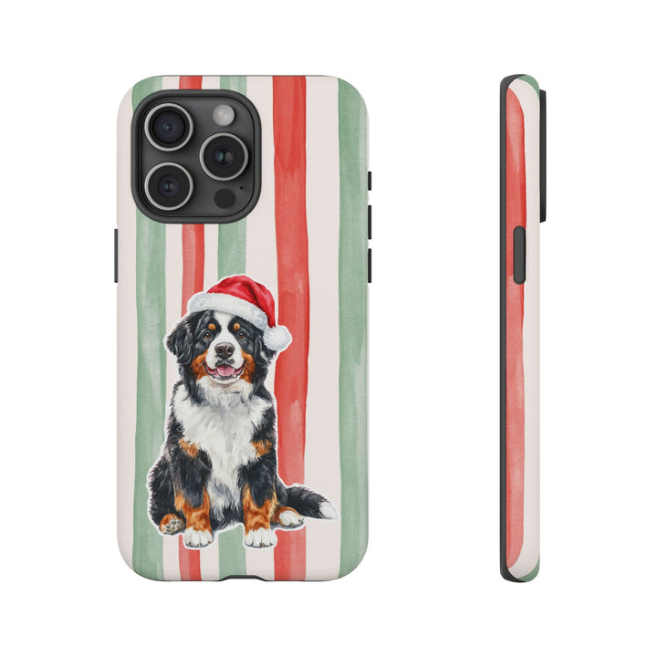 Bernese Mountain Dog Christmas Tough iPhone Case, Red Sage Stripes, Santa Dog Phone Cover
