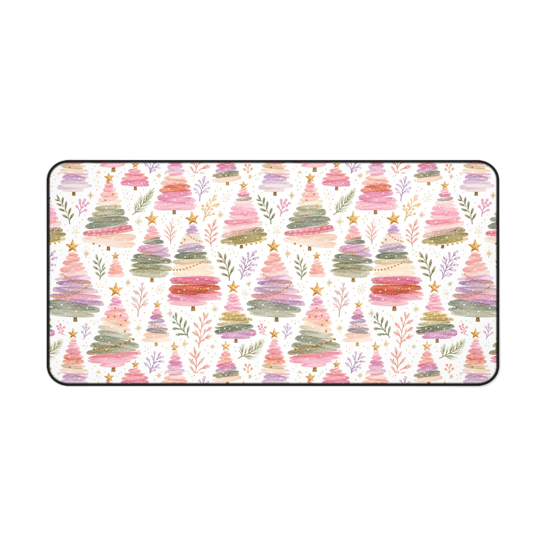 Pastel Watercolor Christmas Tree Desk Mat, Pink Sage Lavender Holiday Desk Pad, Cozy Office Decor