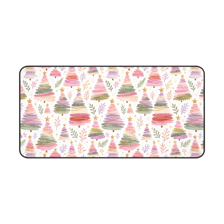 Pastel Watercolor Christmas Tree Desk Mat, Pink Sage Lavender Holiday Desk Pad, Cozy Office Decor