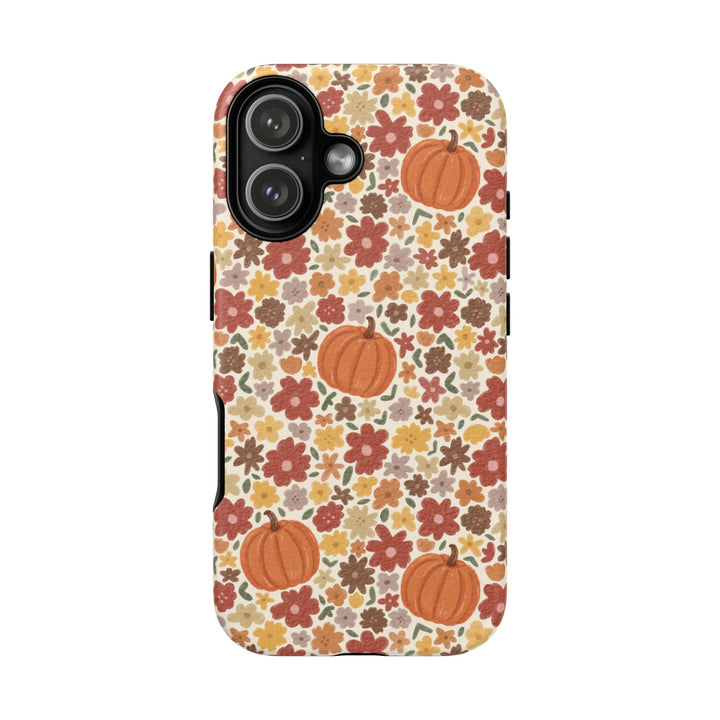 Floral Pumpkin Tough iPhone Case, Warm Autumn Flowers Fall Phone Cover, Matte or Glossy