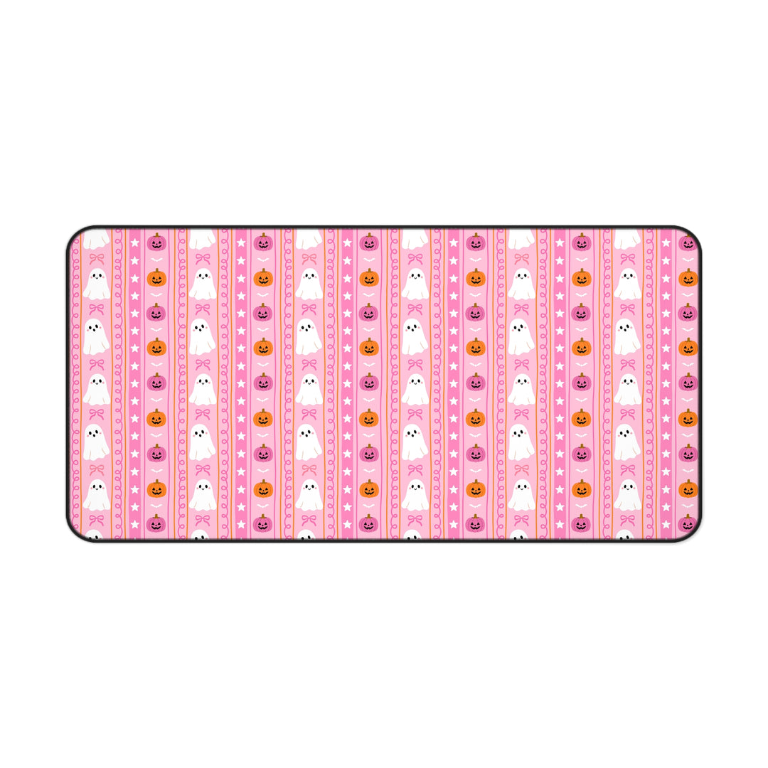 Pink Ghost Stripe Desk Mat, Cute Halloween Pumpkin and Bow Desk Pad, Spooky Large Mouse Pad