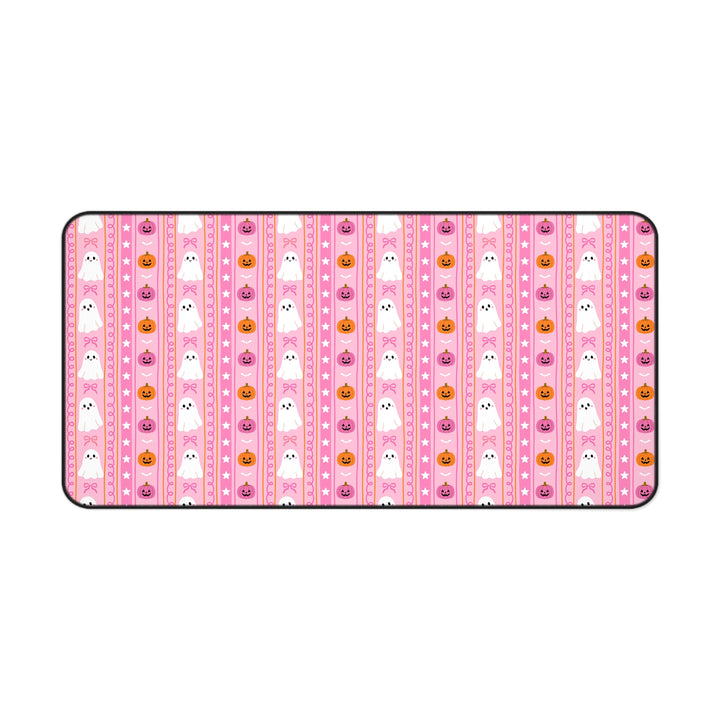 Pink Ghost Stripe Desk Mat, Cute Halloween Pumpkin and Bow Desk Pad, Spooky Large Mouse Pad