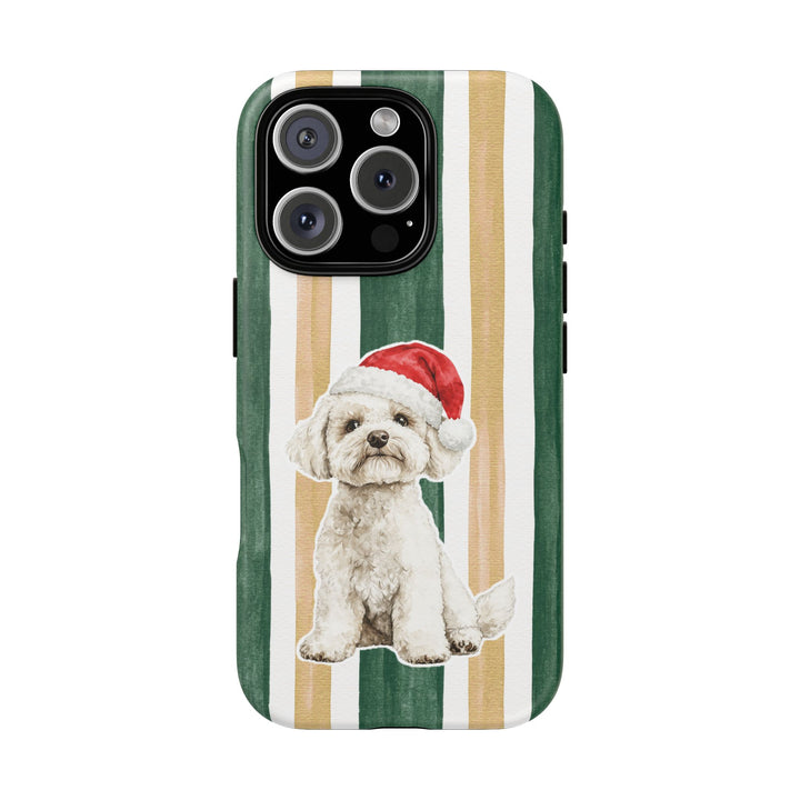 Maltese Christmas Tough iPhone Case, Green Gold Stripes, Santa Dog Phone Cover