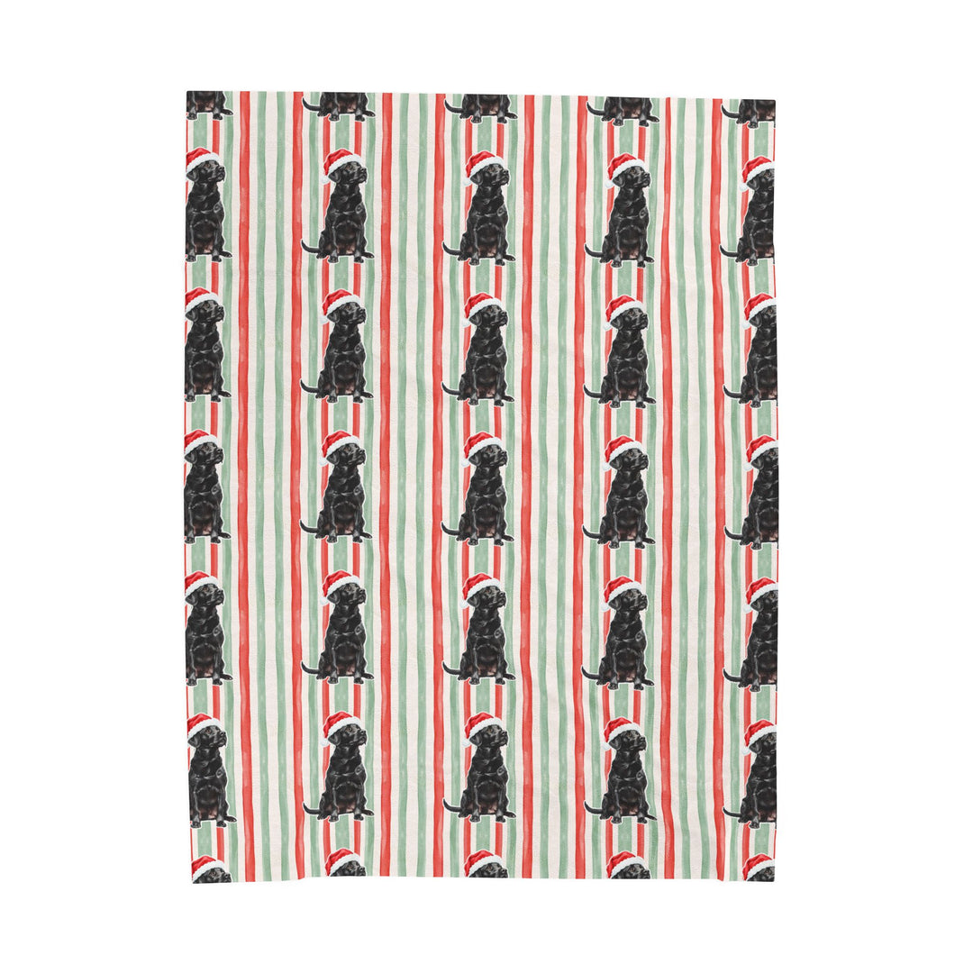 Black Labrador Christmas Velveteen Plush Blanket, Red Sage Stripes, Santa Dog Throw
