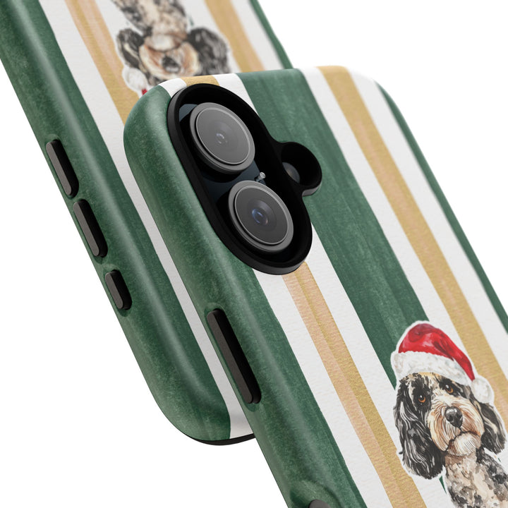 Doodle Christmas Tough iPhone Case, Green Gold Stripes, Santa Dog Phone Cover