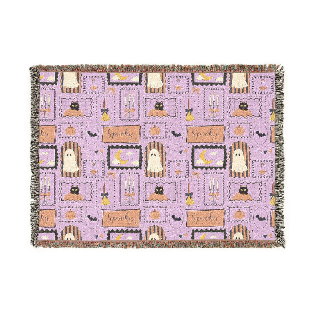 Pink Halloween Stamp Woven Blanket, Spooky Black Cat Ghost Pumpkin Cotton Throw, Pastel Witchy Home Decor