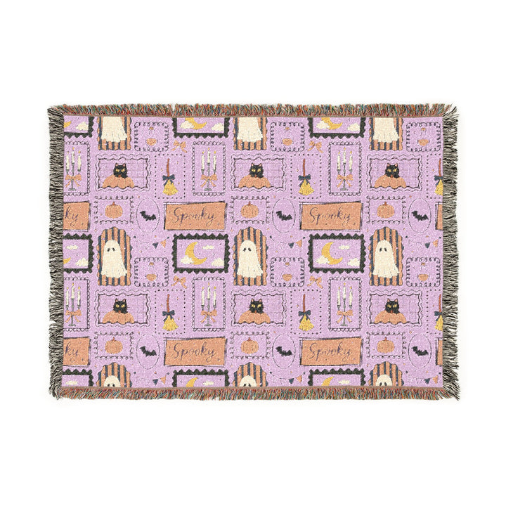 Pink Halloween Stamp Woven Blanket, Spooky Black Cat Ghost Pumpkin Cotton Throw, Pastel Witchy Home Decor