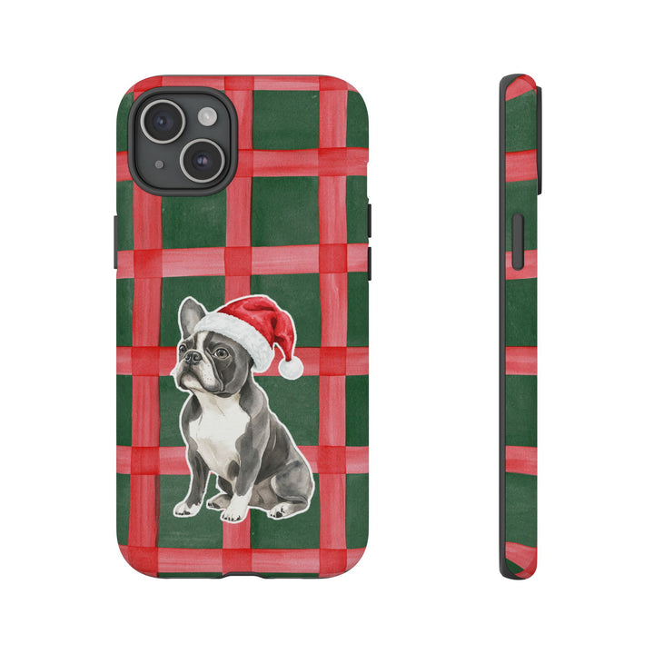 French Bulldog Christmas Tough iPhone Case, Red Green Plaid, Santa Dog Phone Cover