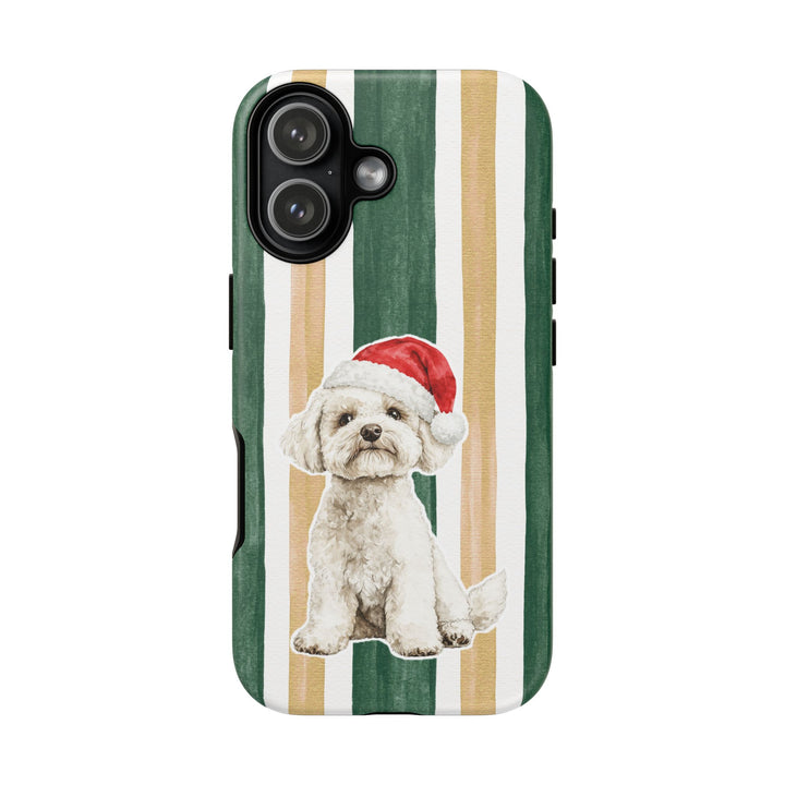 Maltese Christmas Tough iPhone Case, Green Gold Stripes, Santa Dog Phone Cover