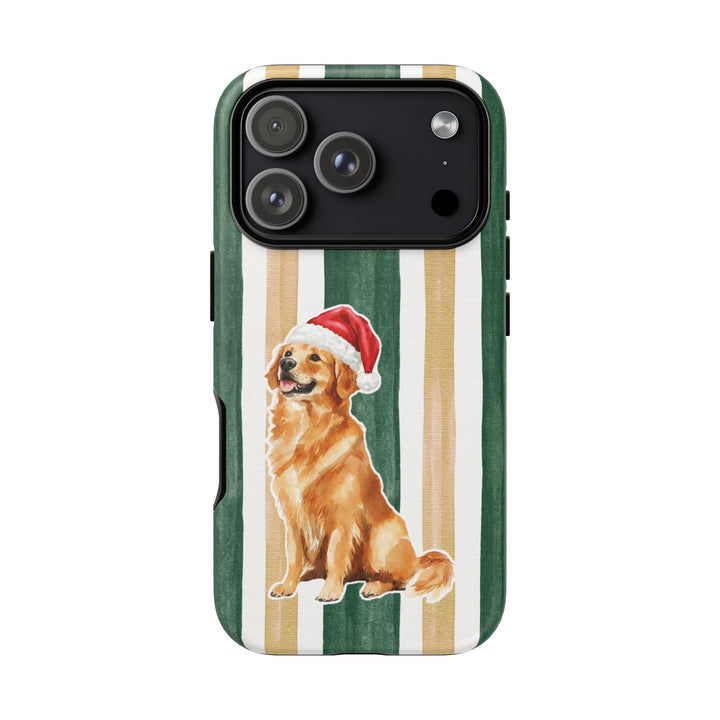 Golden Retriever Christmas Tough iPhone Case, Green Gold Stripes, Santa Dog Phone Cover