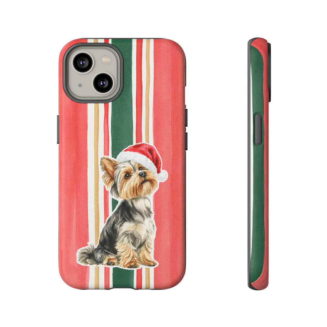 Yorkshire Terrier Christmas Tough iPhone Case, Classic Red Green Stripes, Santa Dog Phone Cover