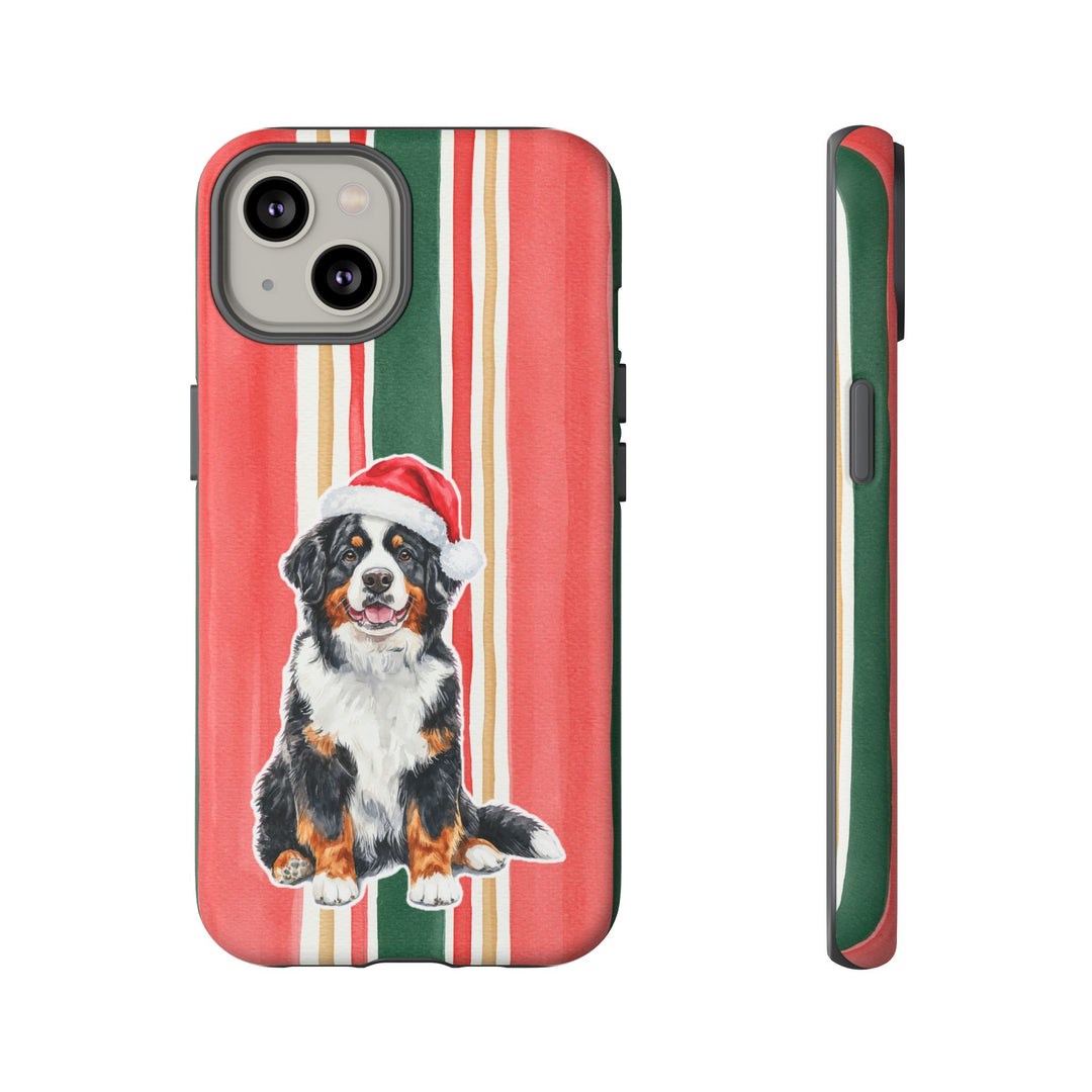 Bernese Mountain Dog Christmas Tough iPhone Case, Classic Red Green Stripes, Santa Dog Phone Cover
