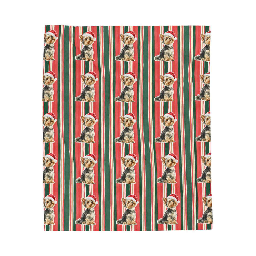 Yorkshire Terrier Christmas Velveteen Plush Blanket, Classic Red Green Stripes, Santa Dog Throw
