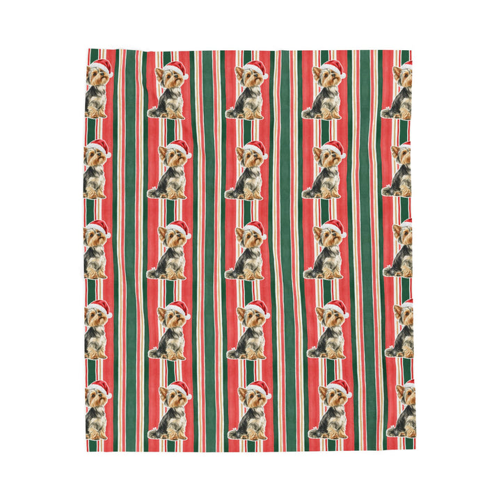 Yorkshire Terrier Christmas Velveteen Plush Blanket, Classic Red Green Stripes, Santa Dog Throw