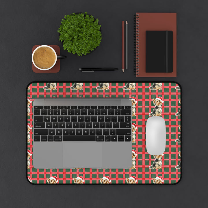 Yorkshire Terrier Christmas Desk Mat, Red Green Plaid, Santa Dog Desk Pad