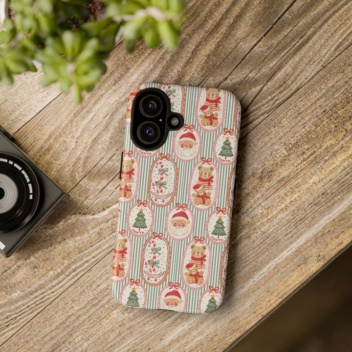Vintage Santa Teddy Bear Tough iPhone Case, Christmas Candy Cane Green Stripe Phone Cover, Matte or Glossy